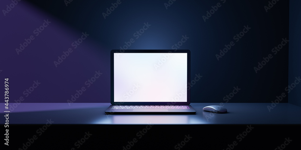 Fototapete 3D rendering illustration. Laptop computer with blank screen and color keyboard place table in the darkroom and blue lighting. Image for presentation.