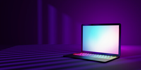 3D rendering illustration. Laptop computer with blank screen and colorful keyboard place in the darkroom and purple lighting shadow. Image for presentation. © Thannaree