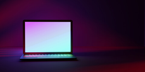 3D rendering illustration. Laptop computer with colorful screen and keyboard place in the darkroom and red blue lighting. Image for presentation.