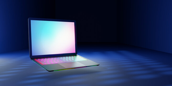 3D rendering illustration. Laptop computer with blank screen and colorful keyboard place in the darkroom and blue lighting effect. Image for presentation.