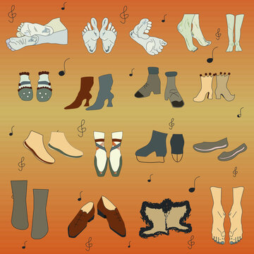 Differrent human feet and shoes in orange background.
