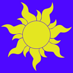 Sun vector illustration. Summer sunshine. Yellow sun. Purple background. Colors. Line drawing.