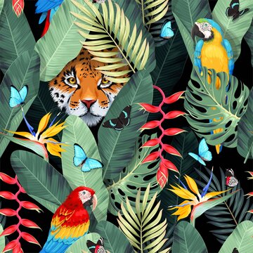 Seamless pattern with tropical birds and jaguar