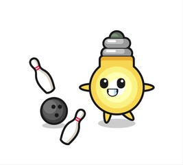 Character cartoon of light bulb is playing bowling