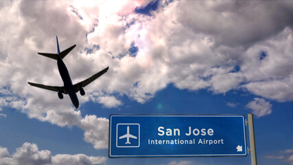 Plane landing in San Jose California, Costa Rica airport with signboard - obrazy, fototapety, plakaty