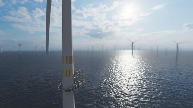 Workers on top of an offshore wind turbine against morning sun, low dof tilt 4K