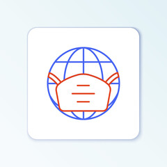 Line Earth globe with medical mask icon isolated on white background. Colorful outline concept. Vector