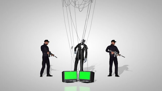 Clown Politician On Strings Guarded By Armed Forces Doing A Speech Behind Green Screen Monitors, Loop