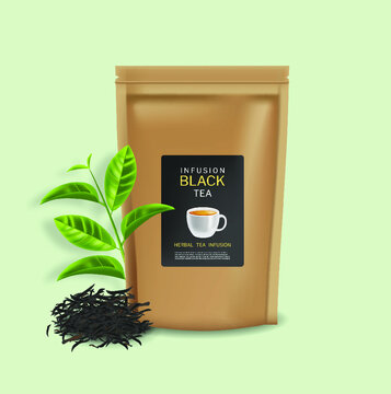 Black tea bag vector realistic. Product placement mock up. 3d detailed illustration. Tea leaves and infusion
