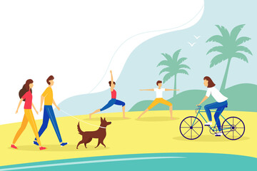 Public beach background. People doing yoga, cycling, walking animals. Relaxation and active recreation concept. Vector illustration.