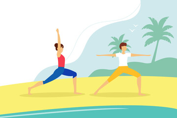 Obraz na płótnie Canvas Young guy and girl doing yoga on the beach. Active lifestyle concept. Summer vector illustration in flat style.
