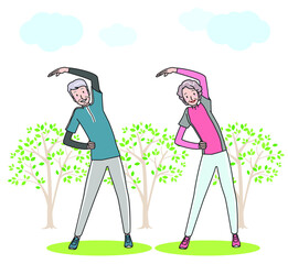 体操をするシニア女性と男性
