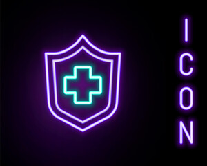 Obraz premium Glowing neon line Health insurance icon isolated on black background. Patient protection. Security, safety, protection, protect concept. Colorful outline concept. Vector