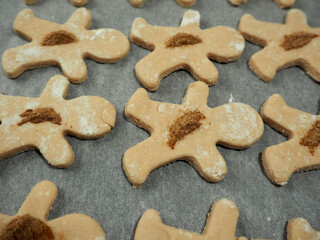raw cookies made of cottage cheese and rice flour without sugar with date syrup sprinkled with cinnamon lie on parchment paper in the shape of a gingerbread man