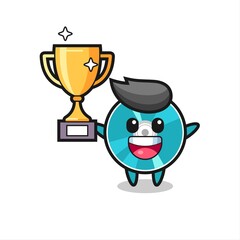 Cartoon Illustration of optical disc is happy holding up the golden trophy
