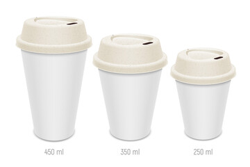 Set of vector realistic blank disposable coffee cups with a lid made of kraft paper. Different sizes of eco containers for drinks to go.
