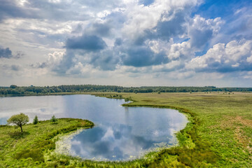Aerial view of a grass field with reeds. A lake in the forest. Photo made by a drone from above in the Dutch nature landscape. Impressive sky