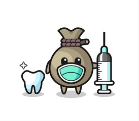 Mascot character of money sack as a dentist