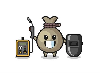 Character mascot of money sack as a welder