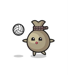 Character cartoon of money sack is playing volleyball