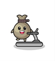 money sack cartoon character walking on the treadmill