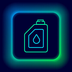 Glowing neon line Canister for motor machine oil icon isolated on black background. Oil gallon. Oil change service and repair. Engine oil sign. Colorful outline concept. Vector