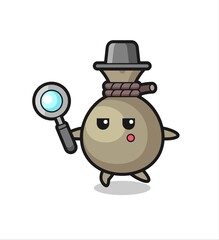 money sack cartoon character searching with a magnifying glass
