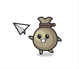 money sack cartoon character throwing paper airplane
