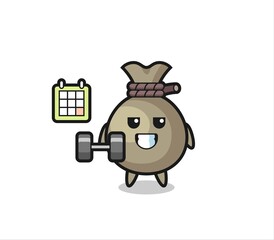 money sack mascot cartoon doing fitness with dumbbell