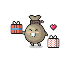 money sack mascot cartoon giving the gift