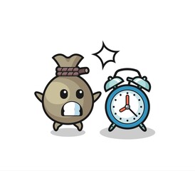 Cartoon Illustration of money sack is surprised with a giant alarm clock