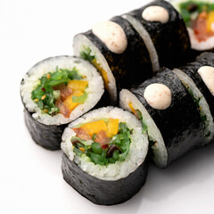 Nori maki sushi roll. Vegetarian food. Close up shot. Soft focus.