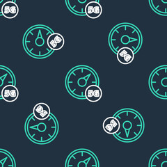 Line Digital speed meter concept with 5G icon isolated seamless pattern on black background. Global network high speed connection data rate technology. Vector