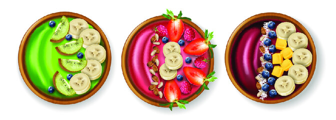 Healthy bowls breakfast vector realistic set collection