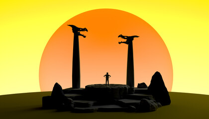 Abstract sunset with magical ruins with dragon heads. Banner. Background. 3d illustration.