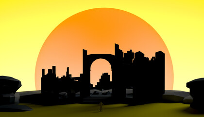 Obraz premium Abstract sunset with ruins of an ancient cathedral or church. Banner. Background. 3d illustration.