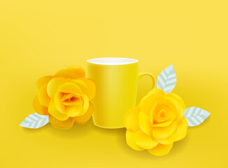 Yellow mug and flowers Vector realistic. Summer decor sets illustrations