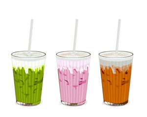 Thai ice tea, green tea and pink milk tea. Isolate glasses of thai milk tea on white background. Anime food and beverage hand drawing vector illustration. Close up drink vector.  