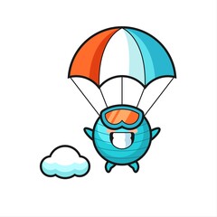 exercise ball mascot cartoon is skydiving with happy gesture