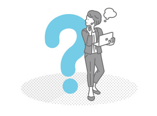 パソコン片手に考える女性  ビジネスイラスト素材