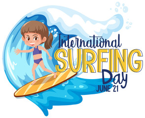 International Surfing Day banner with a girl surfer cartoon character isolated
