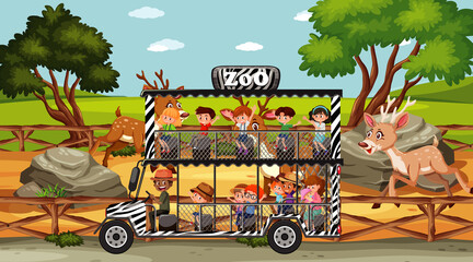 Safari at daytime scene with children in the tourist car