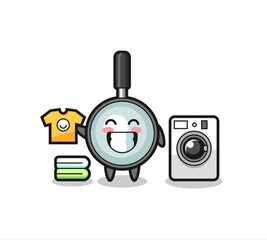 Mascot cartoon of magnifying glass with washing machine