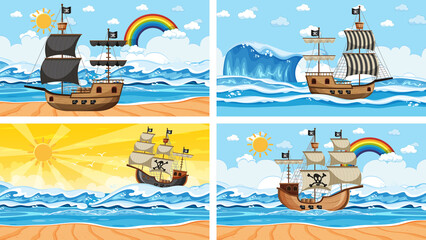 Fototapeta premium Set of different beach scenes with pirate ship