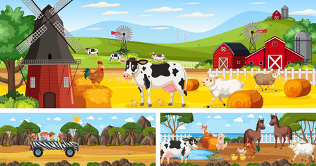 Outdoor panoramic landscape scenes set with cartoon character