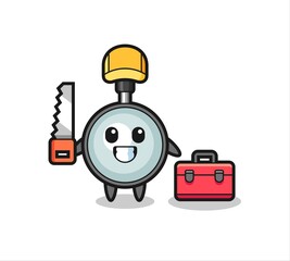 Illustration of magnifying glass character as a woodworker