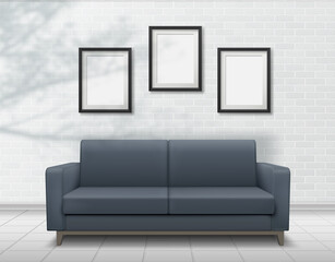 Realistic interior sofa on brick wall background with photo frames. Falling shadows overlay from plants.