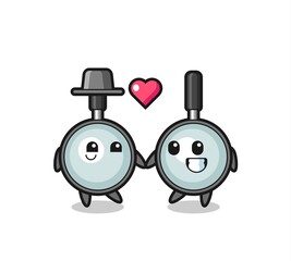 magnifying glass cartoon character couple with fall in love gesture