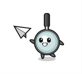 magnifying glass cartoon character throwing paper airplane