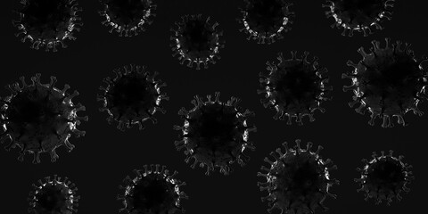 Virus background with rim light on black. 3d illustration. Banner. Header. Abstract. 